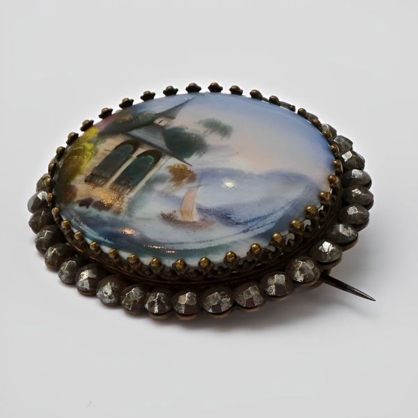 Antique Victorian Porcelain Cut Steel Brooch mid 19th Century