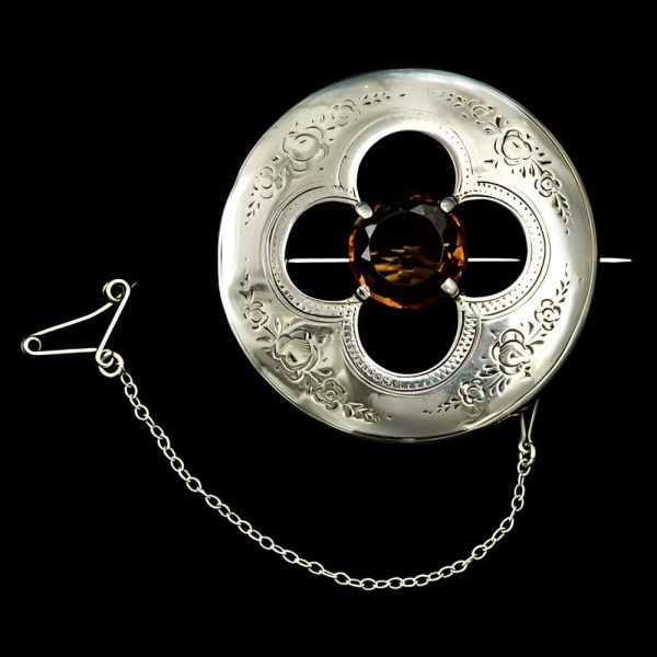 Antique Victorian Engraved Silver and Faux Citrine Brooch