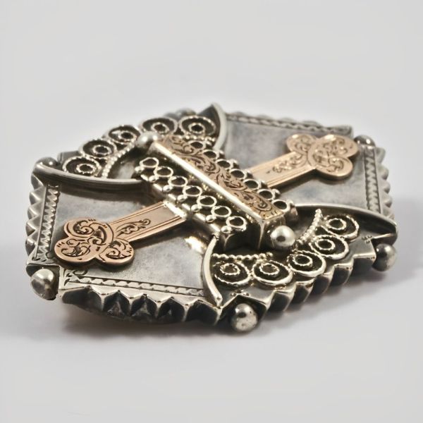 Antique Victorian Sterling Silver and Rose Gold Engraved Brooch