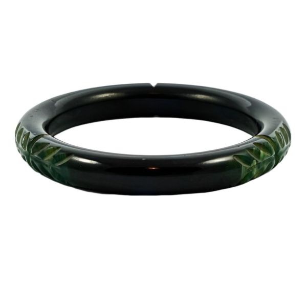 Art Deco Black Marbled Green Carved Leaves Bakelite Bangle