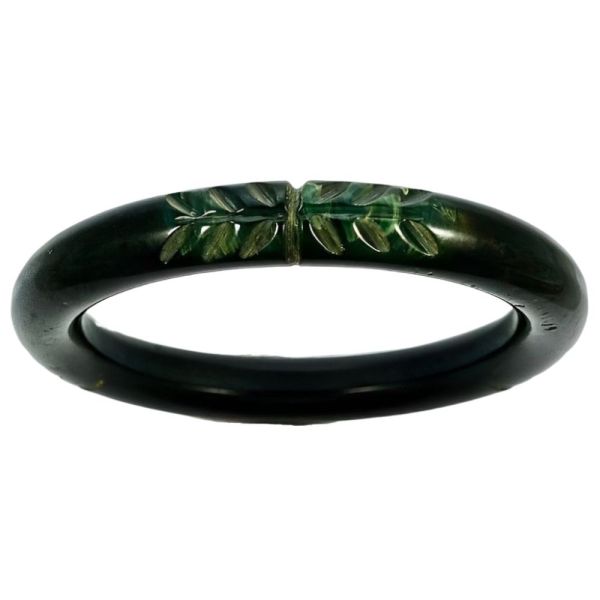 Art Deco Black Marbled Green Carved Leaves Bakelite Bangle