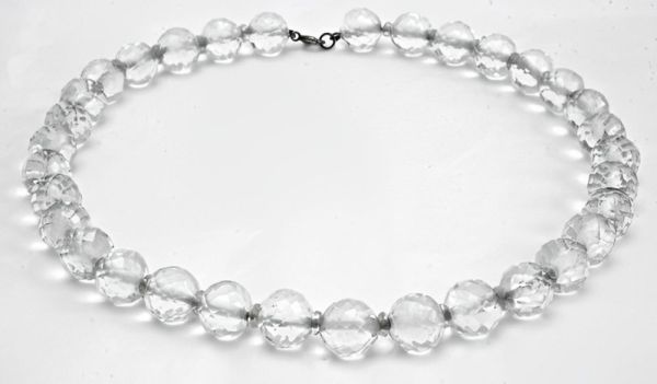 Art Deco Clear Beehive Crystal Bead Necklace Sterling Clasp