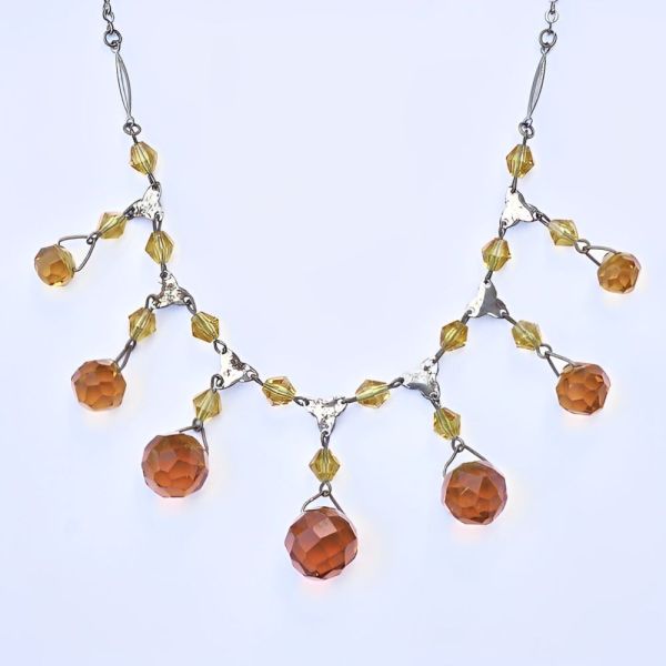 Art Deco Czech Silver Plated and Amber Glass Drop Necklace