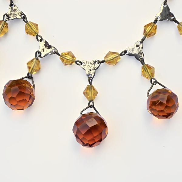Art Deco Czech Silver Plated and Amber Glass Drop Necklace