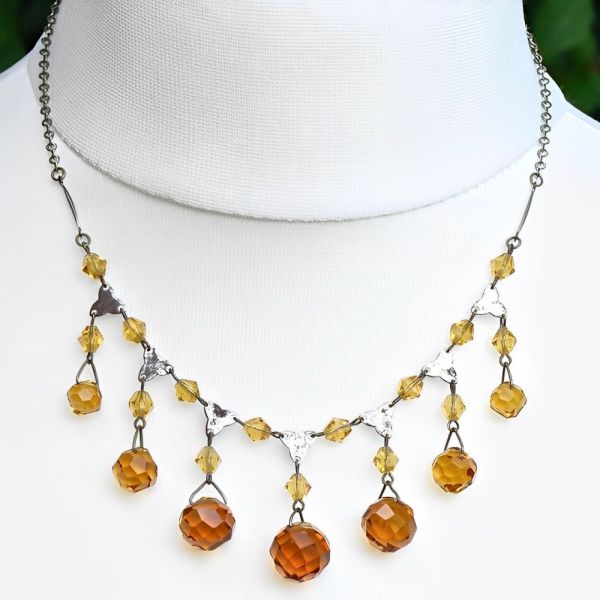 Art Deco Czech Silver Plated and Amber Glass Drop Necklace