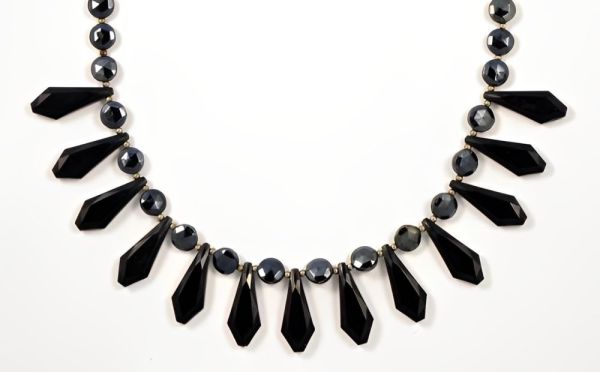 Art Deco French Jet Black and Dark Grey Glass Drop Fringe Necklace