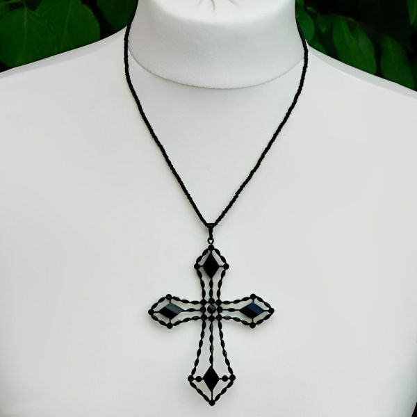 Art Deco Large French Jet Cross Pendant and Glass Bead Necklace