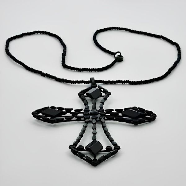Art Deco Large French Jet Cross Pendant and Glass Bead Necklace