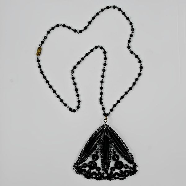 Art Deco French Jet Pendant and Beaded Chain Necklace