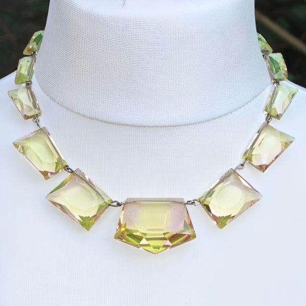 Art Deco Necklace with Pink and Yellow Glass on Gold Tone Wire