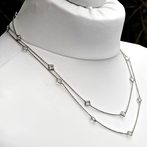Art Deco Platinon Necklace with Square Bezel Set Clear Crystals