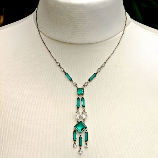 Art Deco Platinon Necklace with Sea Green and Clear Crystals