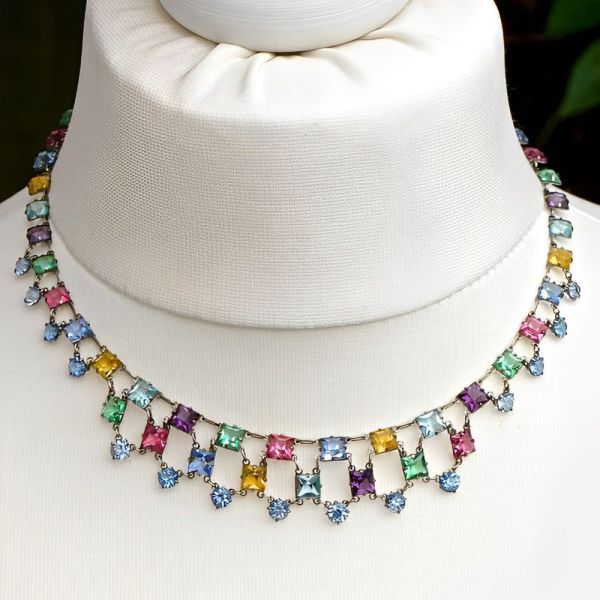 Art Deco Platinon Harlequin Crystal Link Necklace circa 1920s