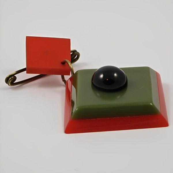 Art Deco Red and Green Early Plastic and Black Glass Brooch