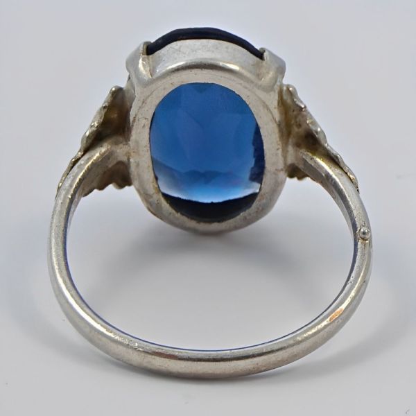 Art Deco Silver Plated Ring with an Oval Blue Glass Stone