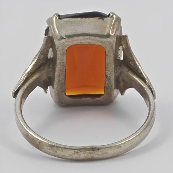 Art Deco Silver Tone Ring with a Burnt Orange Glass Stone