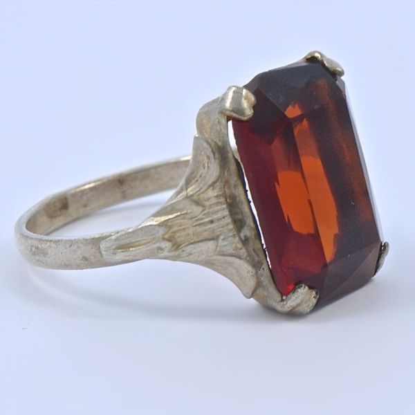 Art Deco Silver Tone Ring with a Burnt Orange Glass Stone