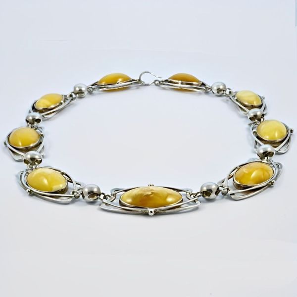 Art Nouveau Style Sterling Silver and Amber Link Necklace