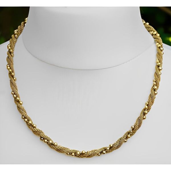 1980s Avon Gold Tone Twisted Mesh and Bead Necklace