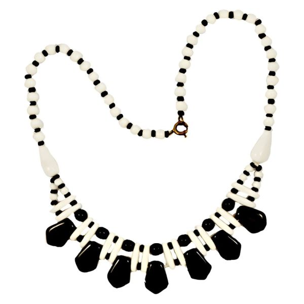 Art Deco Style Black and White Glass Drop Fringe Necklace