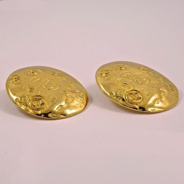 Chanel Gold Plated Logo Clip On Earrings 1990s