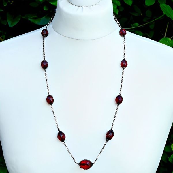 Cherry Red Bakelite Bead Necklace on Sterling Silver Chain