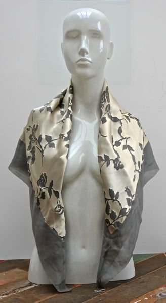 Christian Dior 1950s Chiffon Grey Gold Floral Silk Scarf