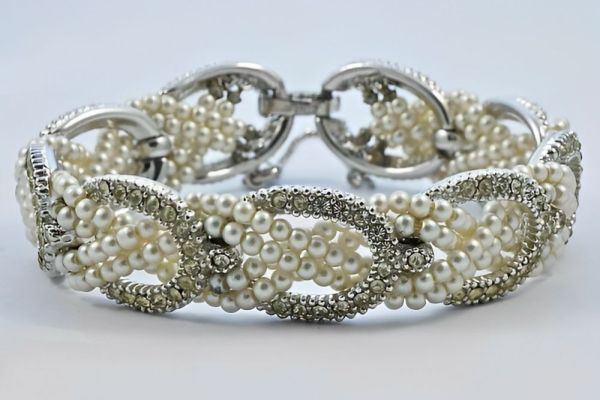 Ciner Silver Plated Faux Pearl and Rhinestone Link Bracelet