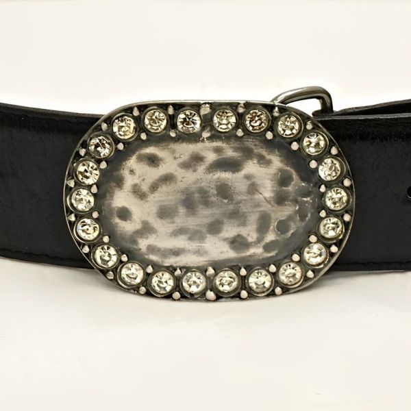 Clara Perri Black Leather Belt with Oval Crystal Silver Tone Buckle