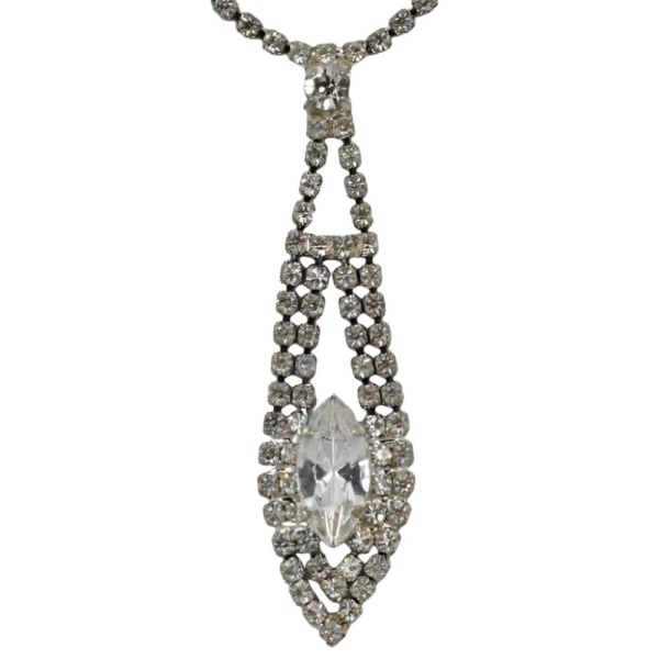 Silver Tone Diamante Drop Pendant Necklace circa 1950s