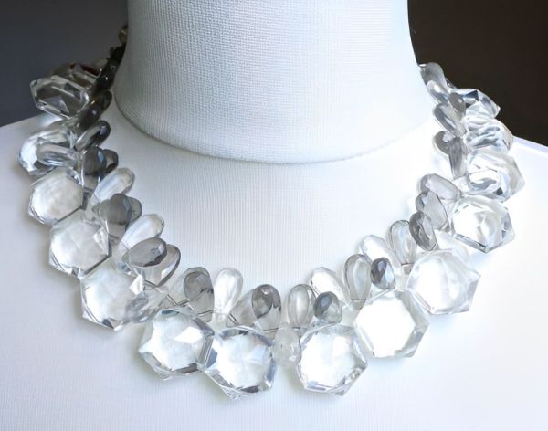 Clear and Grey Plastic Bead Necklace Silver Tone Grey Clasp