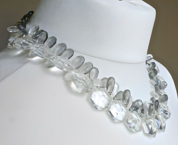 Clear and Grey Plastic Bead Necklace Silver Tone Grey Clasp