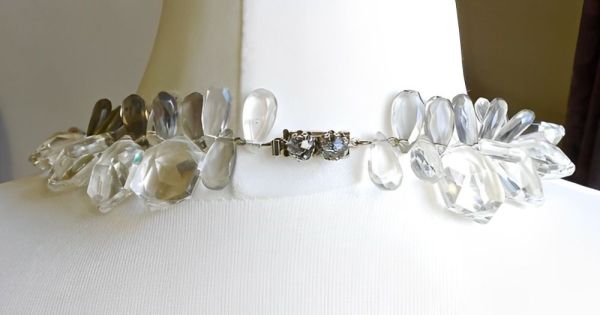 Clear and Grey Plastic Bead Necklace Silver Tone Grey Clasp