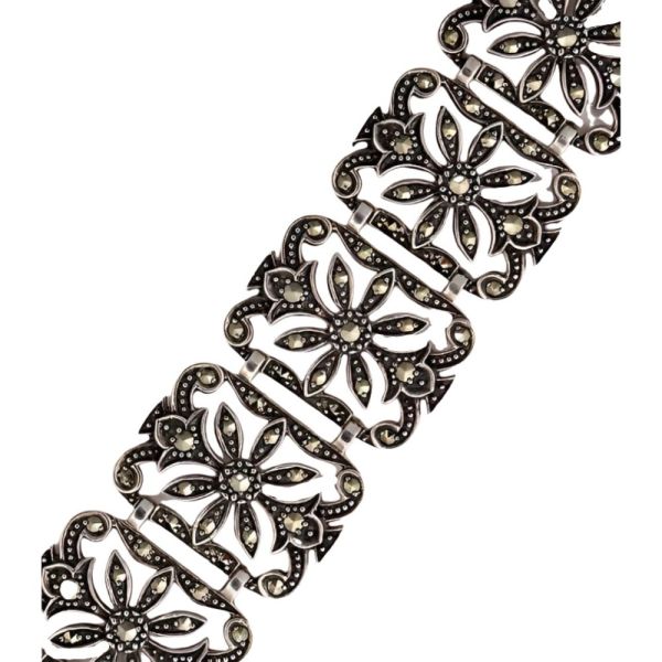 DK English Sterling Silver and Marcasite Panel Link Bracelet