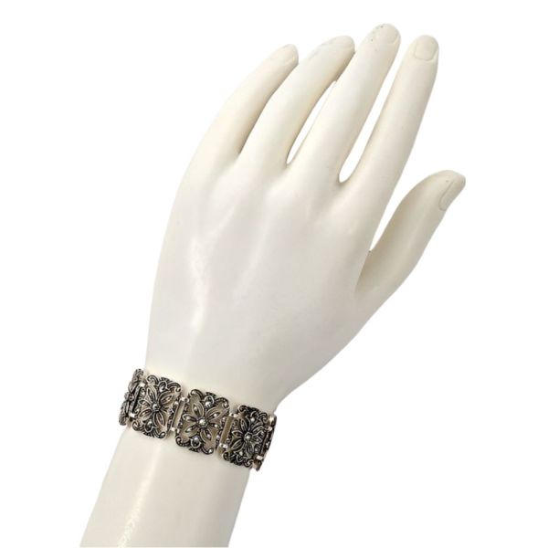 DK English Sterling Silver and Marcasite Panel Link Bracelet