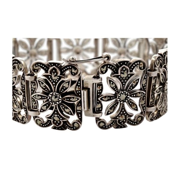 DK English Sterling Silver and Marcasite Panel Link Bracelet