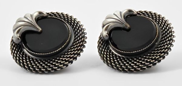 Ermani Bulatti Silver Tone Mesh and Black Glass Clip On Earrings