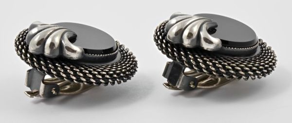 Ermani Bulatti Silver Tone Mesh and Black Glass Clip On Earrings