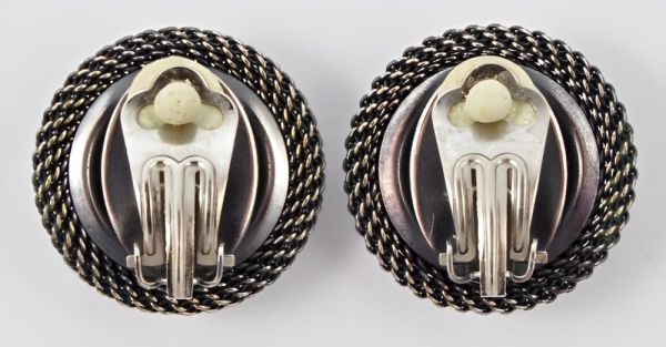 Ermani Bulatti Silver Tone Mesh and Black Glass Clip On Earrings