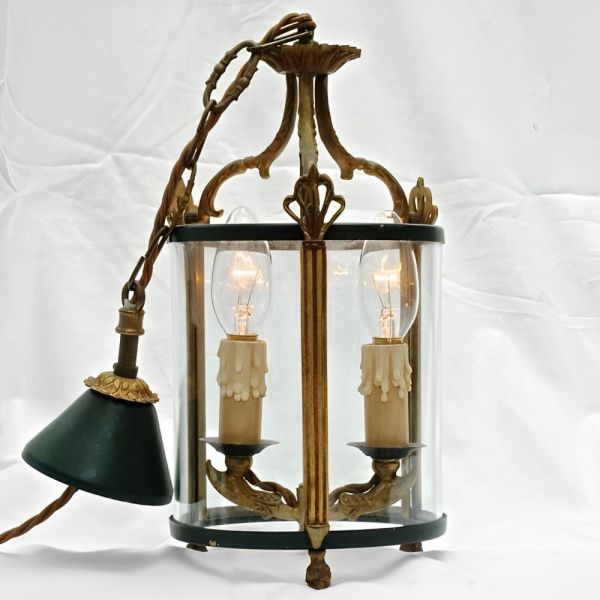 French Brass Green Round Glazed Two Light Lantern Mid Century