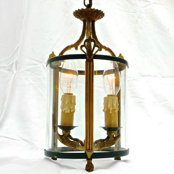 French Brass Green Round Glazed Two Light Lantern Mid Century