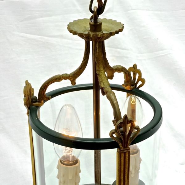 French Brass Green Round Glazed Two Light Lantern Mid Century