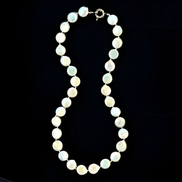 Freshwater Coin Pearl Knotted Necklace with an Iridescent Lustre