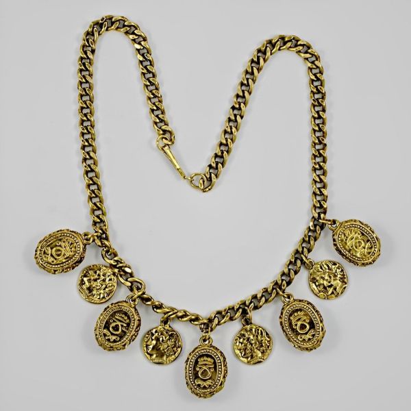 Gold Plated Necklace Glass Jewel and Coin Drops circa 1980s