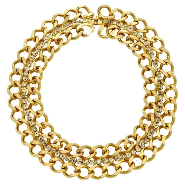 Gold Plated and Rhinestone Chain Collar Necklace circa 1980s