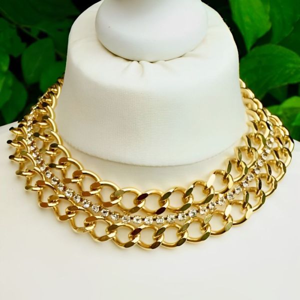 Gold Plated and Rhinestone Chain Collar Necklace circa 1980s