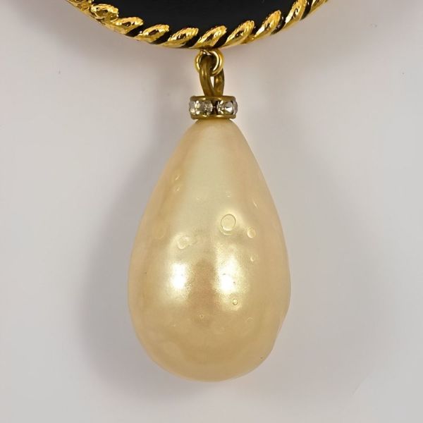 Gold Plated Pearl Enamel Rhinestone Clip On Drop Earrings