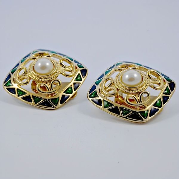 Faux Pearl Green and Blue Enamel Clip On Earrings circa 1980s