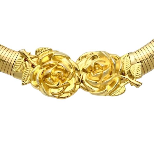 Gold Plated Omega Collar Necklace with Rose Flowers circa 1970s