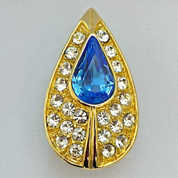 Gold Plated Tear Drop Azure Blue Crystal Clip On Earrings